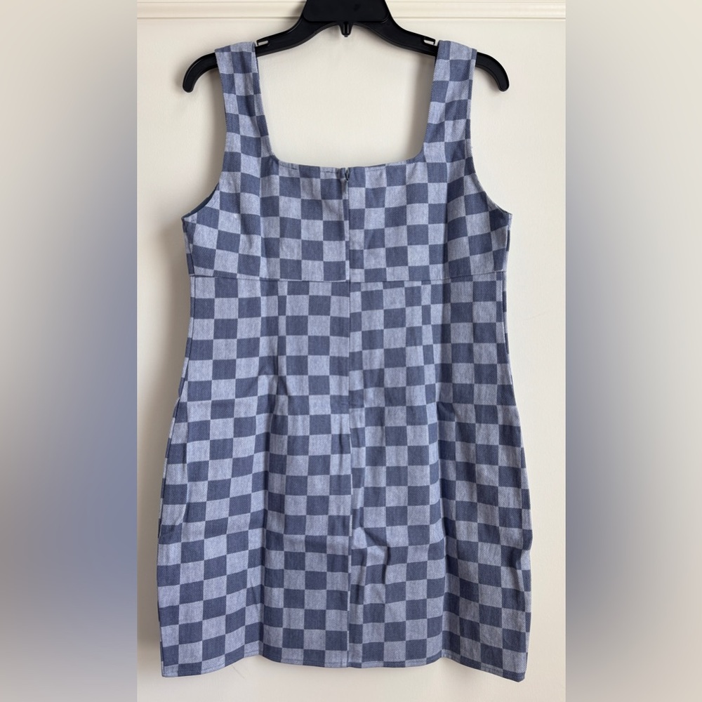 NWT Blue Blush Denim Checkered Mini Dress Size Large Square Neckline Sleeveless - Picture 2 of 9